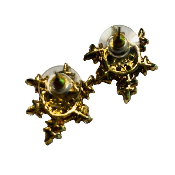 Snowflake filigree pierced earrings 925 silver & gold clear crystal signed CL - Picture 4 of 7